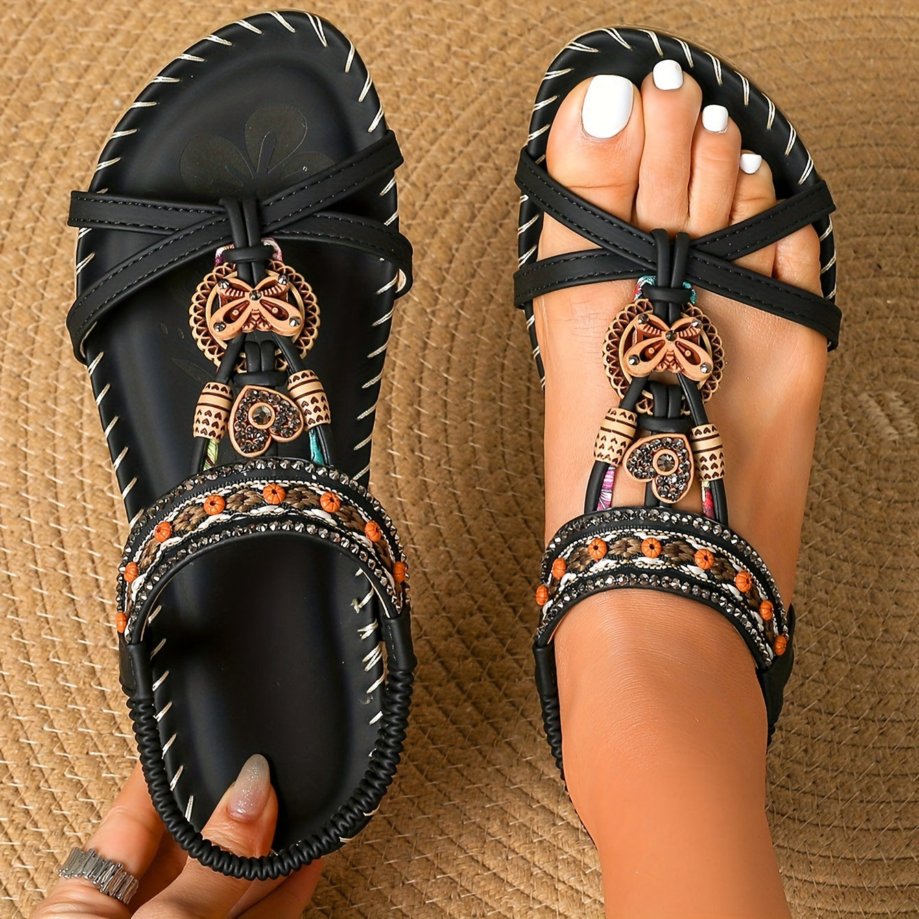 Sandales Plates Strass - Confort Premium pour Pieds Larges
